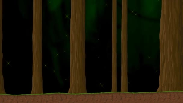 Een wandeling in het bos met bomen en deeltjes tekenfilm — Stockvideo