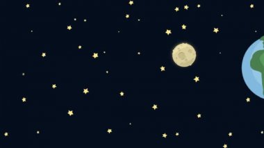 Çizgi film dünya ve ay yıldızlı gece ile uzaydan