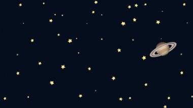 Çizgi film ay ve Satürn üzerinde bir yıldızlı gece