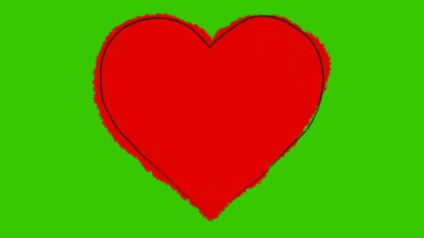 Animowane kreskówki pokonując duże czerwone serce na zielonym ekranie — Wideo stockowe