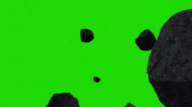 Yeşil ekran arka plan üzerinde uzayda uçan asteroitler
