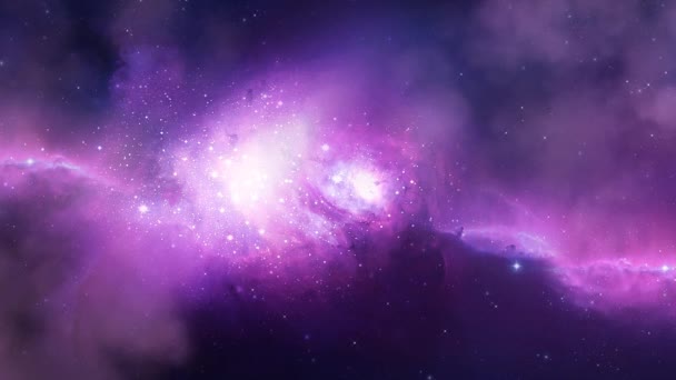 Hermosa nebulosa rosa púrpura y una galaxia en el espacio exterior — Vídeos de Stock