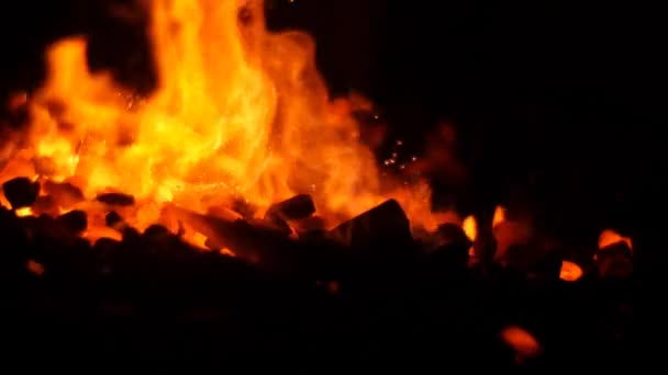 Girando carbones en llamas en una fragua de herrería . — Vídeo de stock