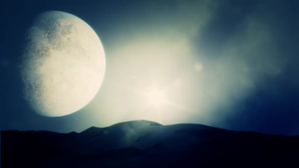 Planeta remoto del desierto con luna grande — Vídeos de Stock