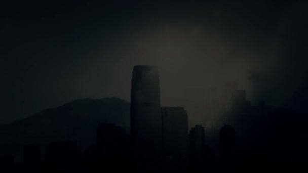 Ciudad fantasma post apocalíptica en un fondo de tormenta relámpago — Vídeos de Stock