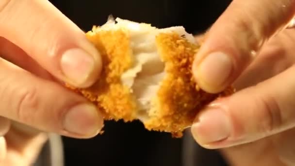 Braking a Crispy Hot Fish Finger — Stock Video