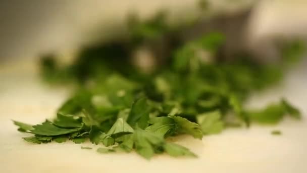 Chopping Fresh Parsley with a Sharp Knife on a Cutting Board Close Up — Stock Video