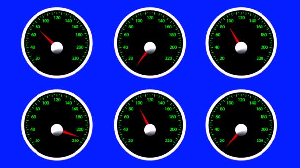 Автомобильный спидометр с разной скоростью на голубом экране — стоковое видео