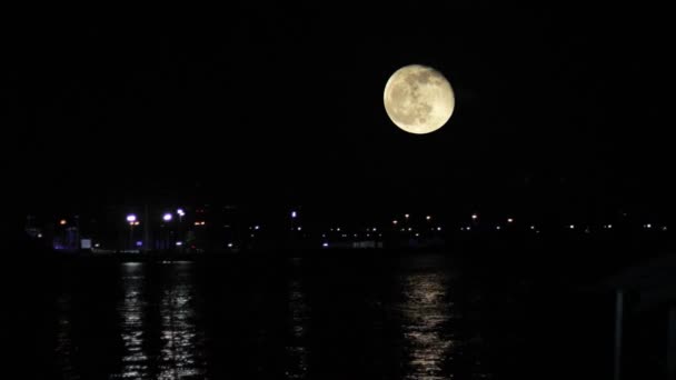 Maan boven Harbor licht op het zeewater reflecteren — Stockvideo