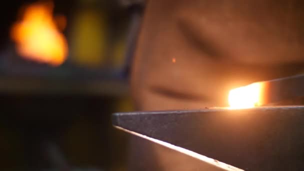 Herrero martillando metal caliente en un yunque con chispas en un taller detrás de él una fragua — Vídeo de stock