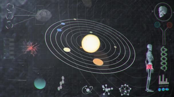 Smudgy Dirty Futuristic HUD Analyzing Values of the Solar System and Human — Stock Video