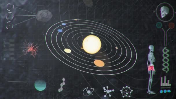 Глюки на грязном грязном футуристическом HUD, анализирующем ценности Солнечной системы и человека — стоковое видео