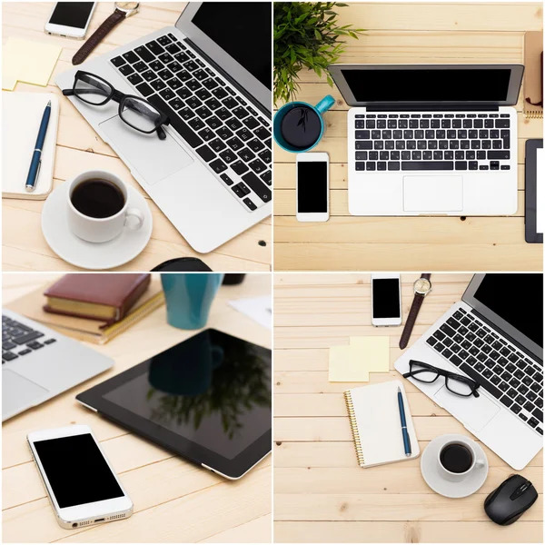 Espaço de trabalho na mesa de madeira — Fotografia de Stock