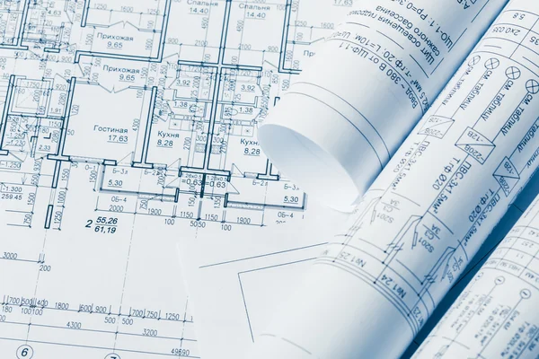 Bauindustrie Architektur rollt Architekturpläne Projekt — Stockfoto