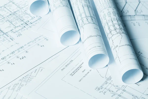 Construção civil Arquitetura rolos projetos de planos arquitetônicos — Fotografia de Stock