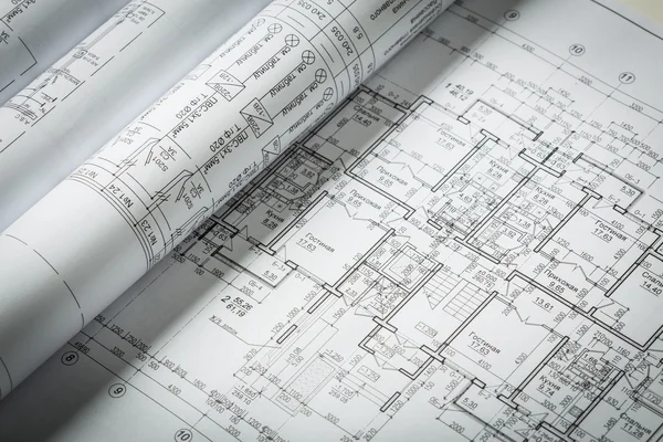 Industria de la construcción Arquitectura rollos planos arquitectónicos proyecto — Foto de Stock