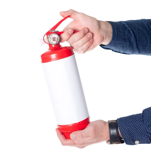Homem usando extintor de incêndio — Fotografia de Stock