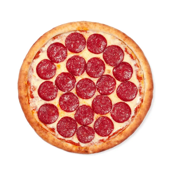 Draufsicht auf runde Pizza isoliert auf weiß — Stockfoto