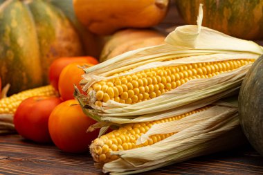 Kahverengi ahşap arka planda balkabağı, mısır ve domates.