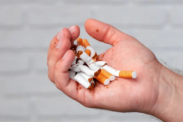 Mužská ruka lámání cigaret zblízka ukončit zvyk — Stock fotografie