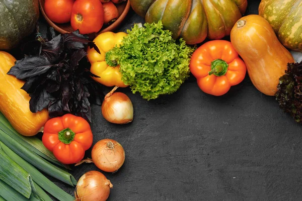 Ποικιλία λαχανικών όπως κολοκύθα, ντομάτες και πιπεριές σε μαύρο φόντο — Φωτογραφία Αρχείου