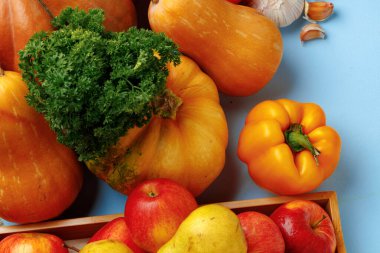 Mavi arka planda balkabakları, elmalar ve dolmalık biber kompozisyonu