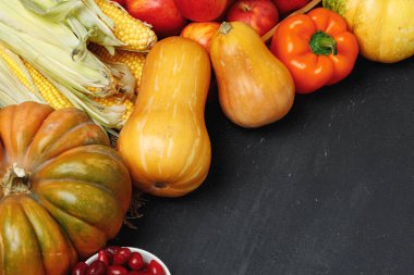 Siyah arka planda balkabağı, mısır ve biberli sonbahar sebze kompozisyonu