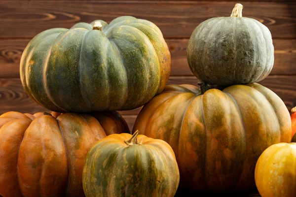 Surtido de diferentes calabazas sobre fondo de madera oscura —  Fotos de Stock