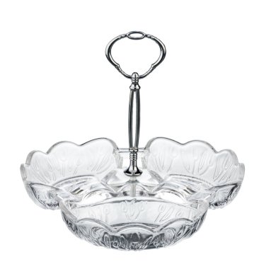 Beyaz arkaplanda izole edilmiş cam servis tabağı