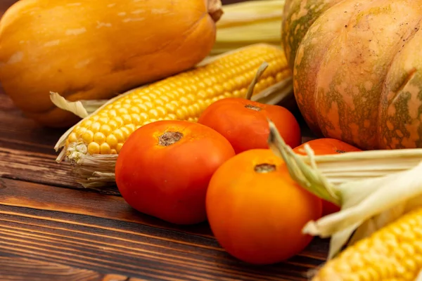 Calabaza, maíz y tomates sobre fondo de madera marrón — Foto de Stock