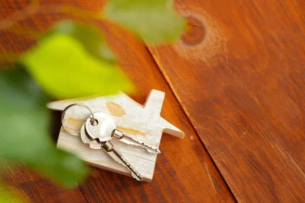 Ahşap ev maketi minyatür ve ev anahtarları. — Stok fotoğraf