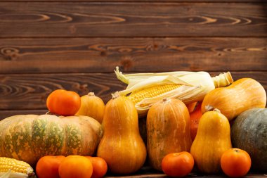 Kahverengi ahşap arka planda balkabağı, mısır ve domates.