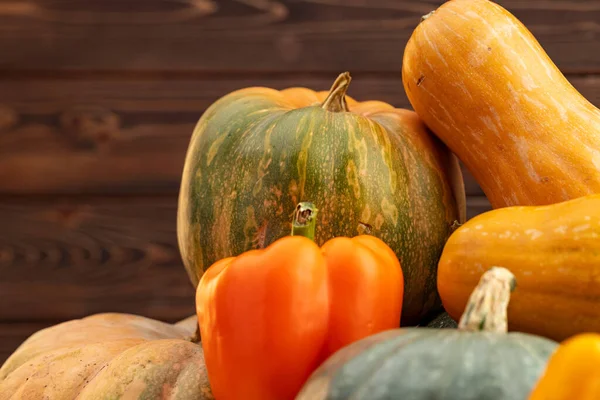 Surtido de diferentes calabazas sobre fondo de madera oscura —  Fotos de Stock