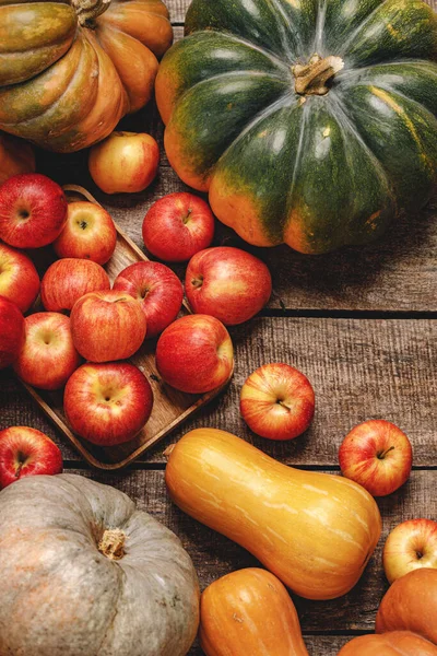 Colheita de outono de abóboras e maçãs em tábua de madeira — Fotografia de Stock
