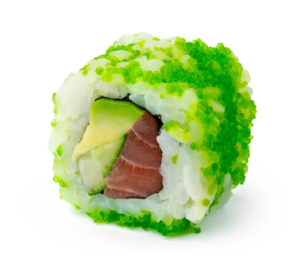 California sushi roll met groene kaviaar geïsoleerd op wit — Stockfoto