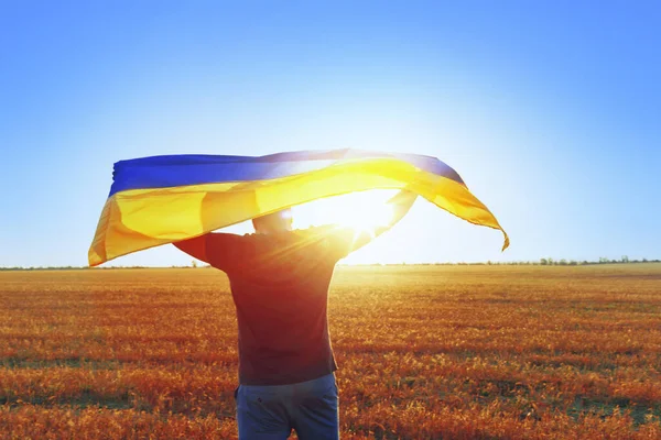 Людина з прапором України, що стоїть у полі. — стокове фото