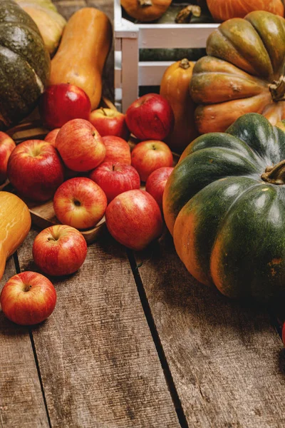 Φθινοπωρινή συγκομιδή κολοκύθας και μήλων σε ξύλινη σανίδα — Φωτογραφία Αρχείου