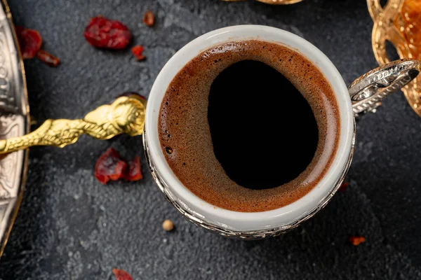 Cup of turkish coffee and dry fruits on table — Stock Photo, Image