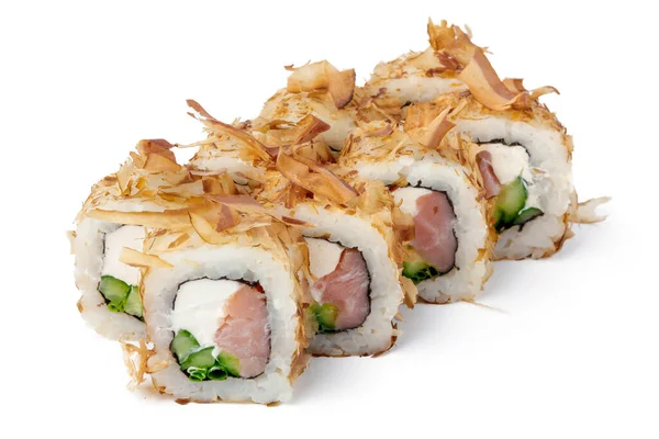 Sushi-Rollenset mit Thunfischspänen isoliert auf weiß — Stockfoto