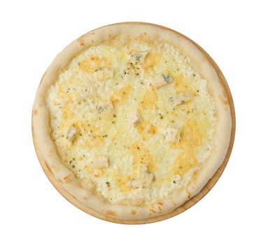 Beyaz arka planda dört peynirli pizza