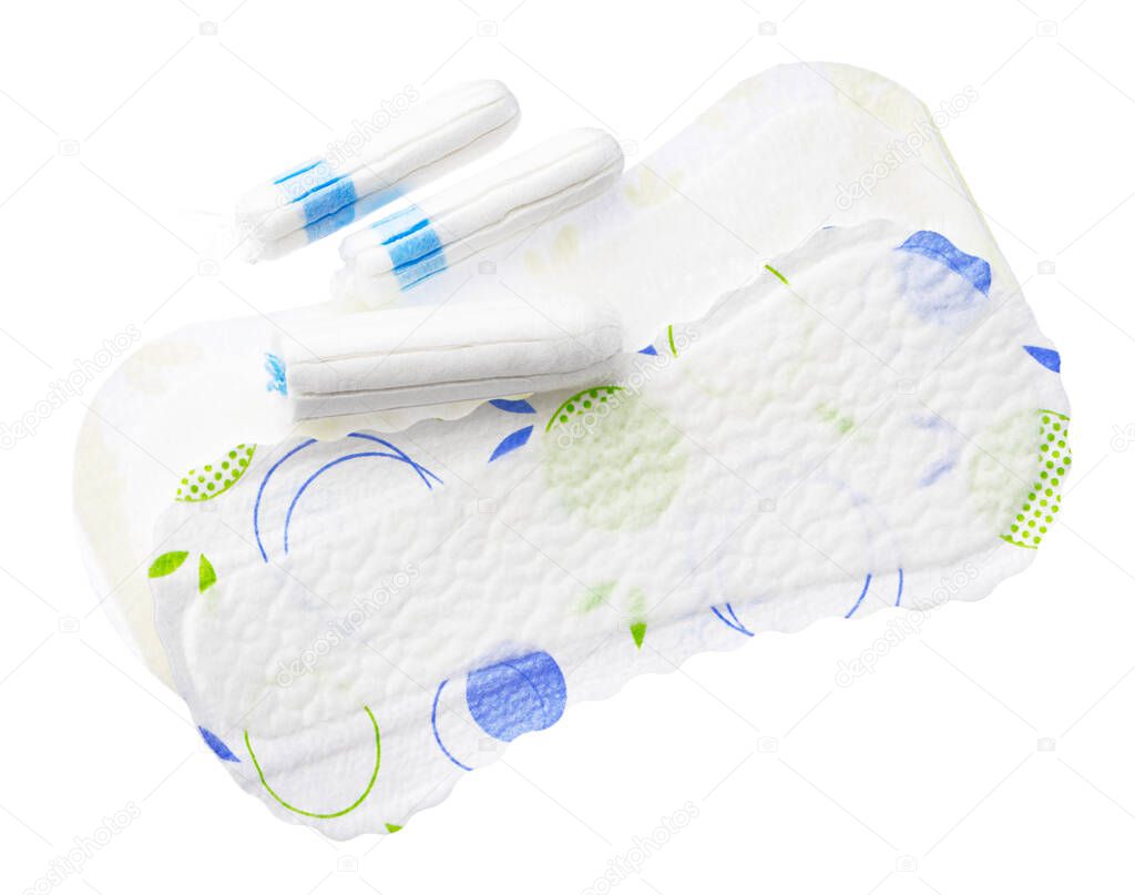 Women hygienic pads and tampons isolated on white