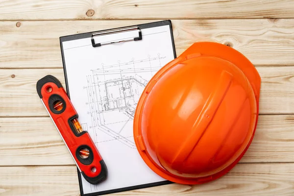 Bauarbeiter-Hardhat, Baupläne und .construction level, Draufsicht — Stockfoto