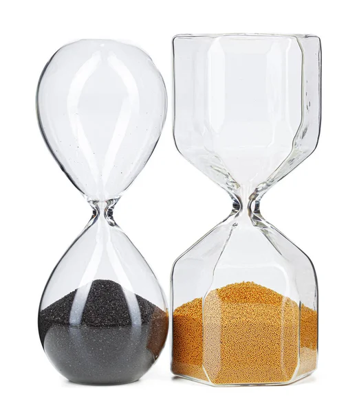 Δύο hourglass απομονώνονται σε λευκό φόντο μπροστινή όψη — Φωτογραφία Αρχείου