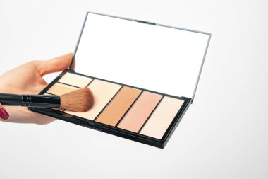 Beyaz arkaplana karşı kadın el ele makyaj paleti