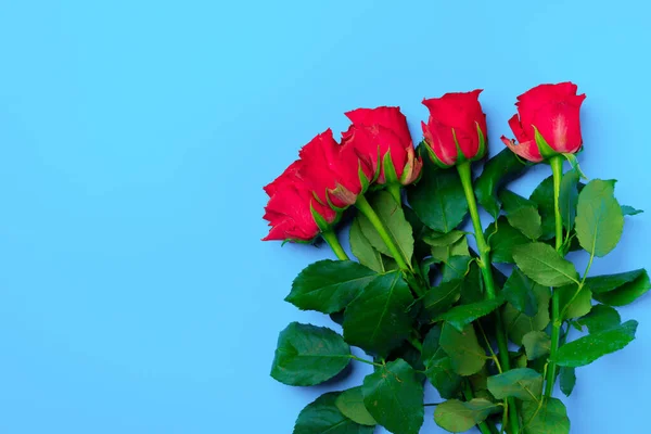 Букет з троянд на синьому фоні вид зверху — стокове фото