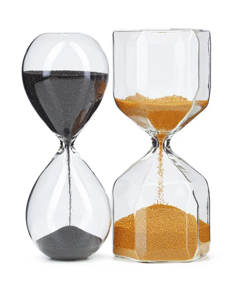 Δύο hourglass απομονώνονται σε λευκό φόντο μπροστινή όψη — Φωτογραφία Αρχείου