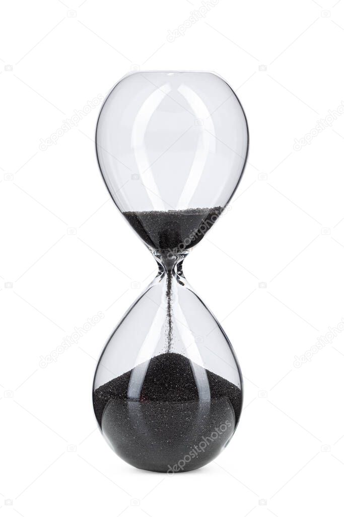 Hourglass with black sand isolated on white background