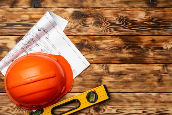 Bauarbeiter-Hardhat, Baupläne und .construction level, Draufsicht — Stockfoto