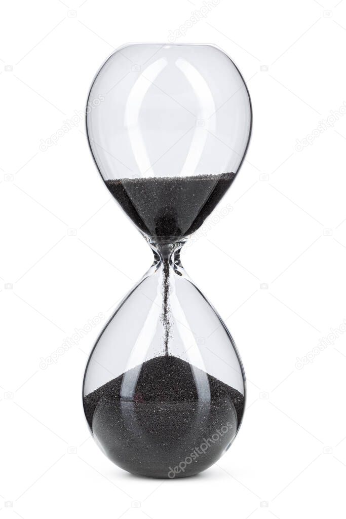 Hourglass with black sand isolated on white background