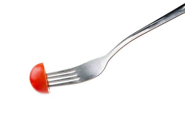 Cherry tomato piece on fork isolated on white background — Stock Photo, Image
